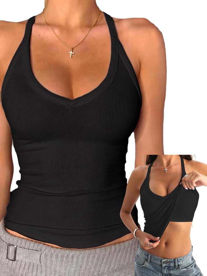 Danysu V Neck Cotton Tank Tops with Built-in Shelf Bra Sleeveless Racerback Fitted Basic Cami Shirts (Small, Black)