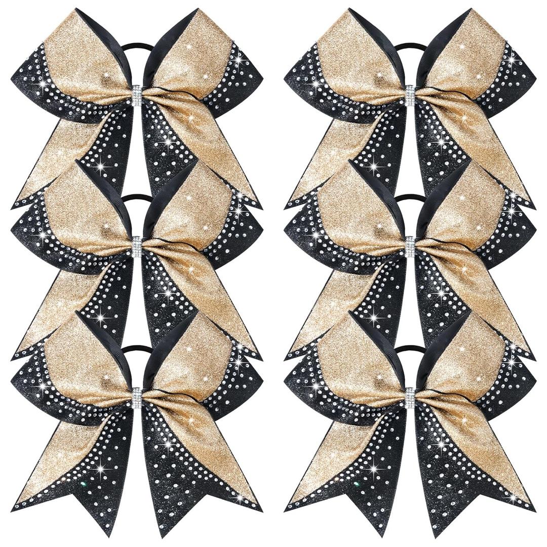 6PCS Glitter Cheer Bow Large Cheer Bows Rhinestones Hair Bows Girls 8"Cheerleading Bows Bulk Elastic Band Ponytail Holder for Teen Girls College Sports Competition Gold Black