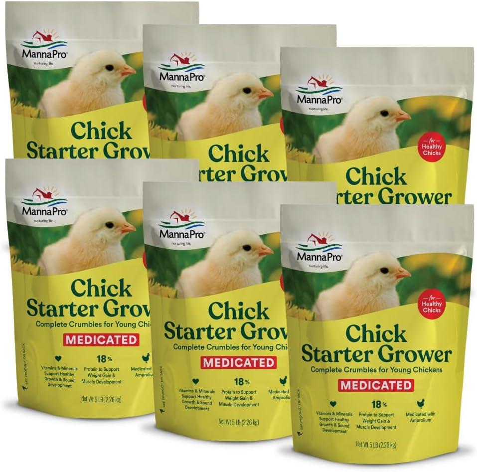 Manna Pro Medicated Chick Starter Grower, Crumbled Chick Feed with Amprolium, Complete Nutrition for Young Chickens, Supports Healthy Growth and Coccidiosis Prevention, 6-Pack of 5 lb Bags (EXP 02/16/26)