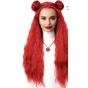 Tongtta Long Wavy Red Heat Resistant Synthetic Cosplay Wig with Braided Buns Halloween Costume Women Wig for Party (24 Inch)