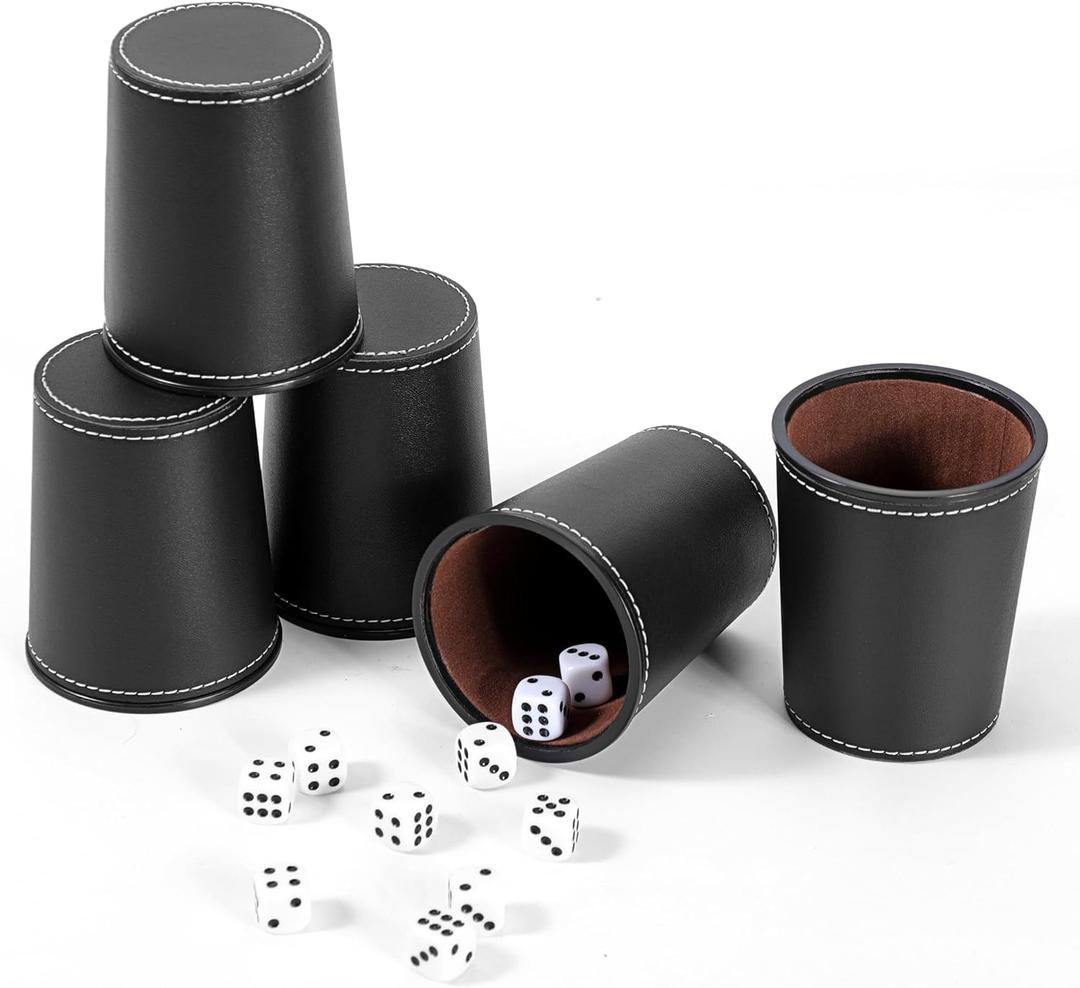 Leather Dice Cup Set, 5 Black Dice Cups + 25 Dices + Exclusive Storage and Transport Case Made of Faux Leather (10x Black)