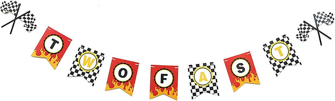 Two Fast Race Car Birthday Banner Checkered Flag & Flame Themed Party Supplies for 2nd Birthday Racing Car Themed Baby Shower Two Fast Birthday Decorations