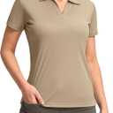 SANTINY Women's Golf Shirt Collared V-Neck Casual Work Tennis Tops UPF50+ Collared Polo Shirts for Women, L, Khaki