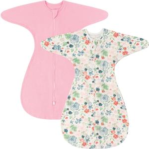 ZIGJOY Baby Transitional Swaddles for Newborns: 0.5 Tog Arms Up Sleep Sack 3-6-12 Months Soft Cotton Shark Fin 2 Way Zipper (2 Pack-pink&flower)