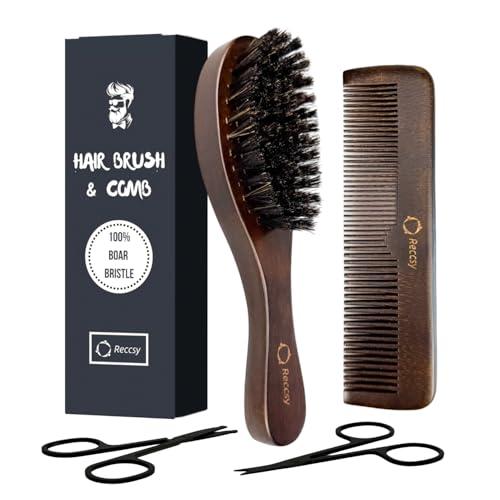 Hair Brush And Comb Set For Men-Boar Bristle Hair Brush,Beard & Wave Brush,Fine Tooth and Wide Tooth Wooden Beard Comb,Facial Grooming Scissors for Eyebrow, Nose Hair, Mustache 6Pcs