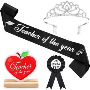 4 Pcs Teacher of The Year Gifts Graduation Crown Sash Badge Keepsake and Paperweight Thank You Teacher Appreciation Week Gifts for End of Year Award Graduation Retirement