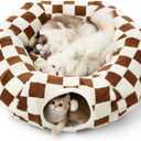Lesure Large Cat Tunnel Bed - Cute Donut Bed for Indoor Cats with Washable Circle Cushion, Round Pet Peekaboo Cave Toy for Multi Kitten/Puppy/Rabbit, Large Brown Checks