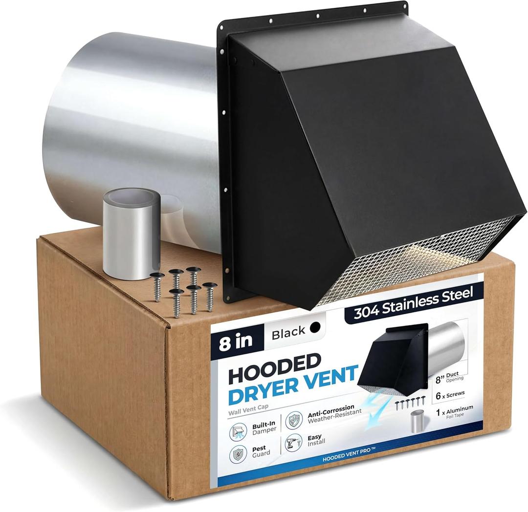 8" Black Dryer Vent Cover - 304 Stainless Steel Wall Cap, Screen and Damper