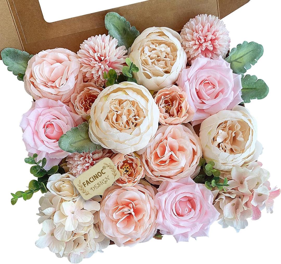 Peonies Artificial Flowers Pink Silk Roses Bulk for DIY Wedding Bouquet Bridal Shower Decorations Fake Floral Arrangements Party Table Centerpieces Home Decor Indoor Blush Peach Box 20pcs