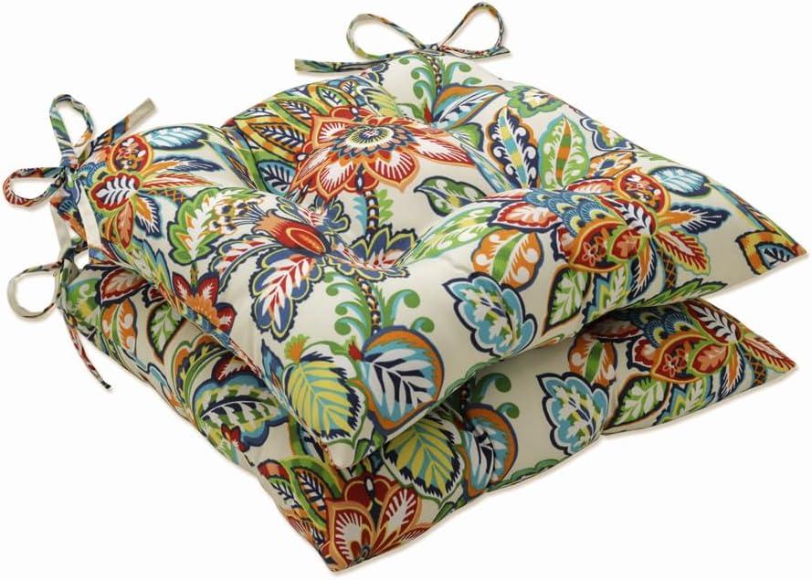 Pillow Perfect Bright Floral Indoor/Outdoor Tufted Wicker Chair Pad With Ties, 2 Count, 18.5" x 19", Blue/Green Copeland