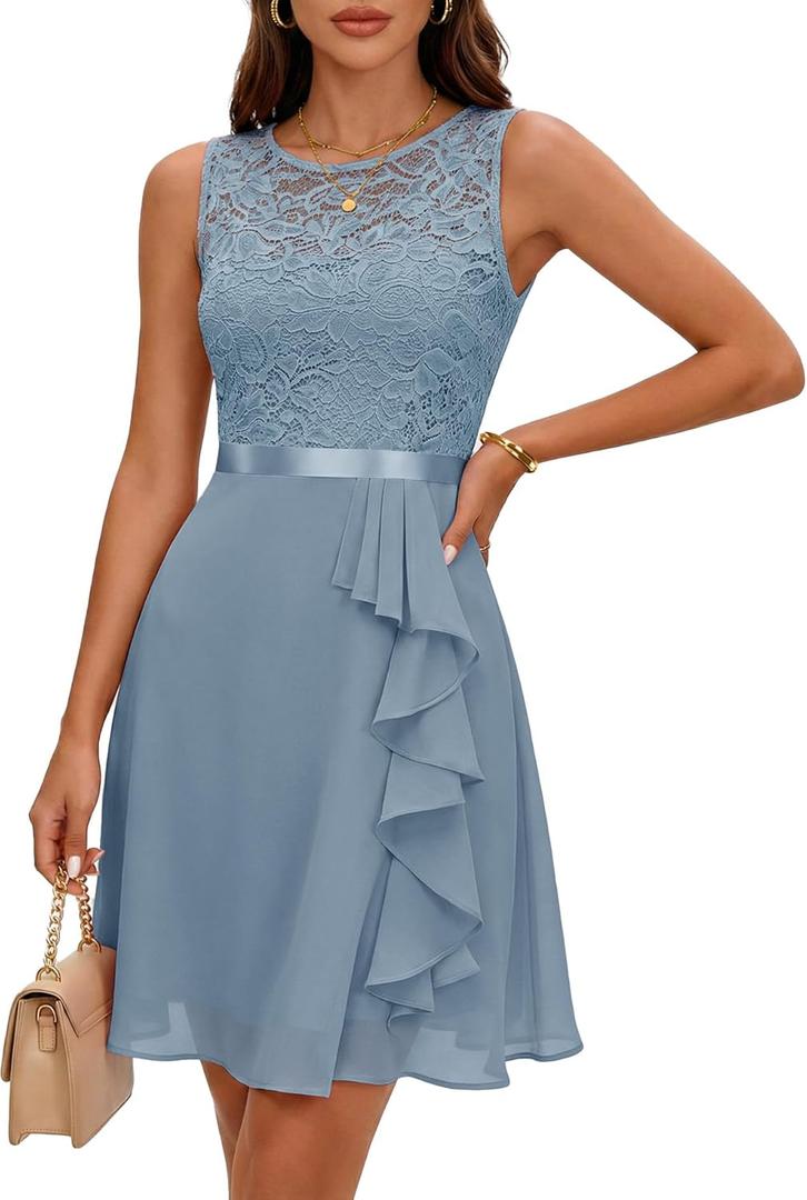 BeryLove Formal Cocktail Dresses Bridesmaid Wedding Guest Short Prom Dress Ruffle Hem Sleeveless Homecoming Lace Gowns (X-Large, Grey Blue)