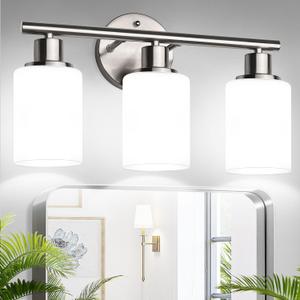 3-Light Bathroom Light Fixtures, Brushed Nickel Vanity Light, Farmhouse Wall Lights with Milky White Frosted Glass Shades, Bathroom Wall Lamp for Mirror Kitchen Bedroom Hallway Living Room