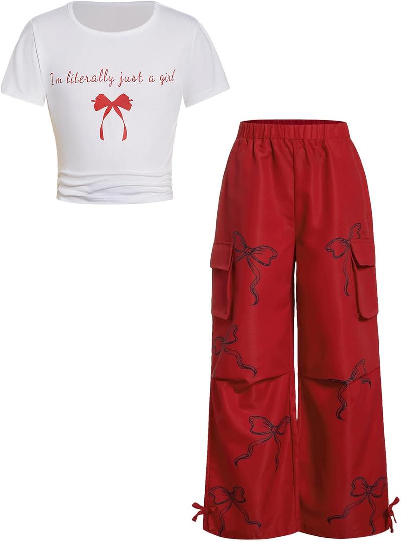 RoseSeek Girl's 2 Piece Summer Outfits Short Sleeve Ruched Basic Tess and Camo Cargo Pants Sets Trendy