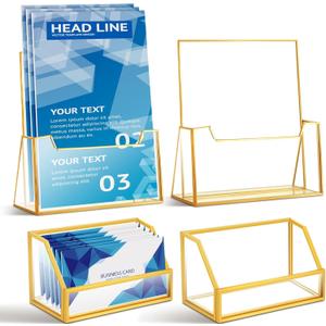 4 Pcs Glass Display Stand Set 2 Gold Glass Brochure Holder Stand 2 Gold Business Card Holder for Office Desktop Countertop Name Card Magazine Literature Journal(8.5 x 11'')