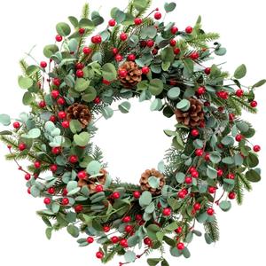 Idyllic Christmas Wreath for Front Door,20" Winter Wreath with Pine Cones Red Berries and Eucalyptus, Winter Decorations for Everyday Farmhouse Window Outdoor/Indoor