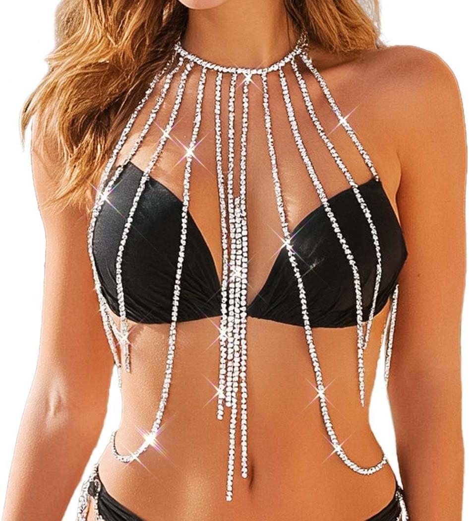 REETAN Silver Rhinestone Chest Chain Bra Fashion Sparkly Body Jewelry for Women