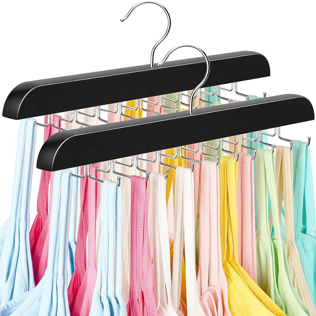 Tank Top Hanger with Premium Wood, 24 Large Capacity, Space Saving,360 Degree Rotating, Foldable Metal Hooks, Tank Tops (Black)