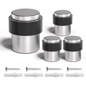 SANATO Nickel Cylindrical Floor Mounted Stainless Steel 304 Door Stop Door Stopper with Black Rubber, 4 Pack (Silver)