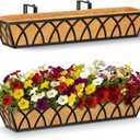 30 Inch 2 Pack Railing Planter with Adjustable Brackets, Window Box with Coco Liner, Hanging Metal Flower Box for Balcony Deck Fence Porch, Black