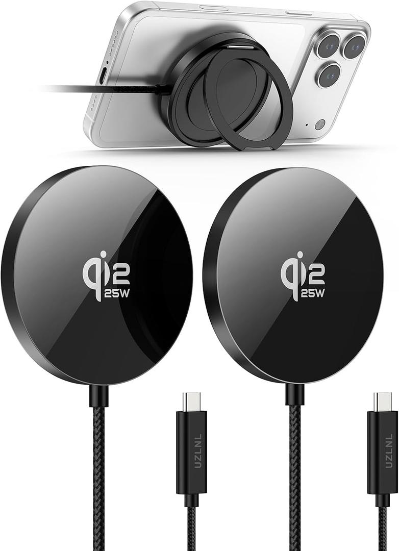 25W Magnetic Wireless Charger, Qi2.2 Fast Wireless Charging Pads with Kickstand,MagSafe Charger for iPhone 17/16/15/14 Series & AirPods 4/3/2/Pro, Samsung S26 S25 Series, Google Pixel, 2 Pack