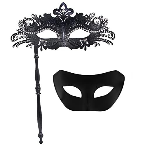 IETANG Couple Mask Half Venetian Masquerade Ball Mask Party Costume Accessory (on Stick-black)