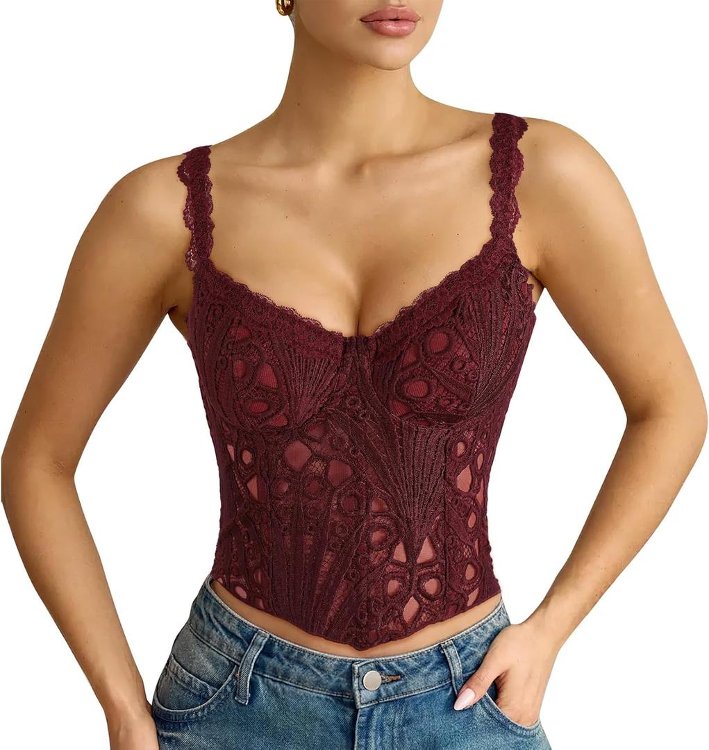 LEACOOLKEY Lace Corset Top for Women Sexy Sheer Floral Bustier Going Out Lace-up Bralette Club Party Concert Crop Top (L)