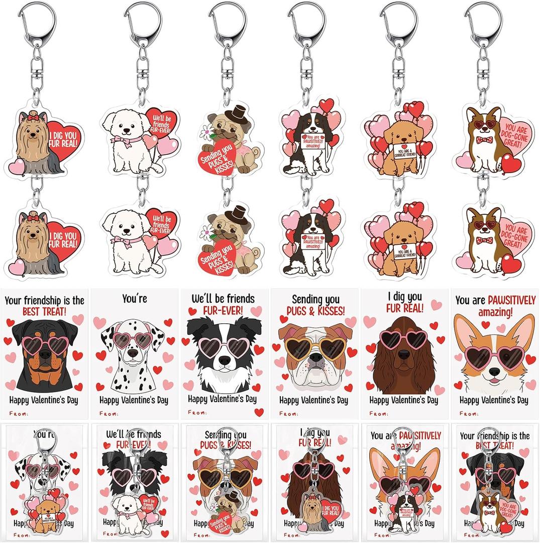 24 Sets Dog Valentines Cards and Keychains Valentine's Day Party Favors Backpack Charms Valentines Goodie Bag Stuffers for Class Coaches Players