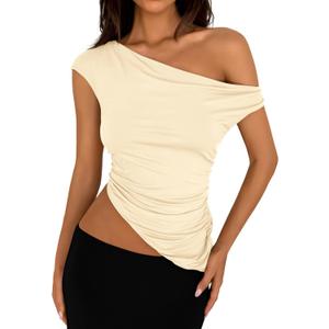 PRETTYGARDEN Womens Off The Shoulder Y2K Tops 2026 Summer Sleeveless Asymmetrical Ruched Going Out Tank Top Fashion Clothing (Yellow, S)