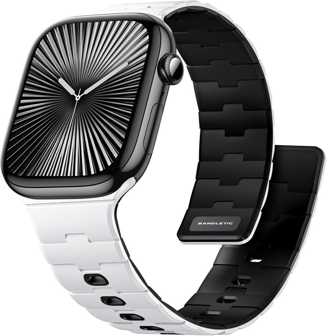 Bandletic Magnetic Silicone Watchband Compatible with Apple Watch Band 44mm 45mm 46mm 49mm 42mm 41mm 40mm 38mm Men Women, Strong Magnet Sport Strap for iWatch Series 11 10 9 8 7 6 5 4 Ultra SE 3 2 1 (White/Black)