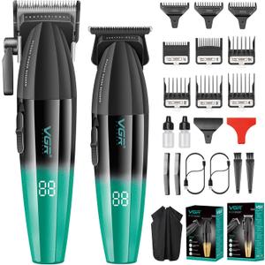 VGR Professional Hair Clipper and Trimmer Set for Men, Barber Clipper and Zero Gap T-Blade Trimmer Kit, Cordless USB Rechargeable Hair Cutting Kit with 9 Guide Combs, Ceramic Blade, LED Display
