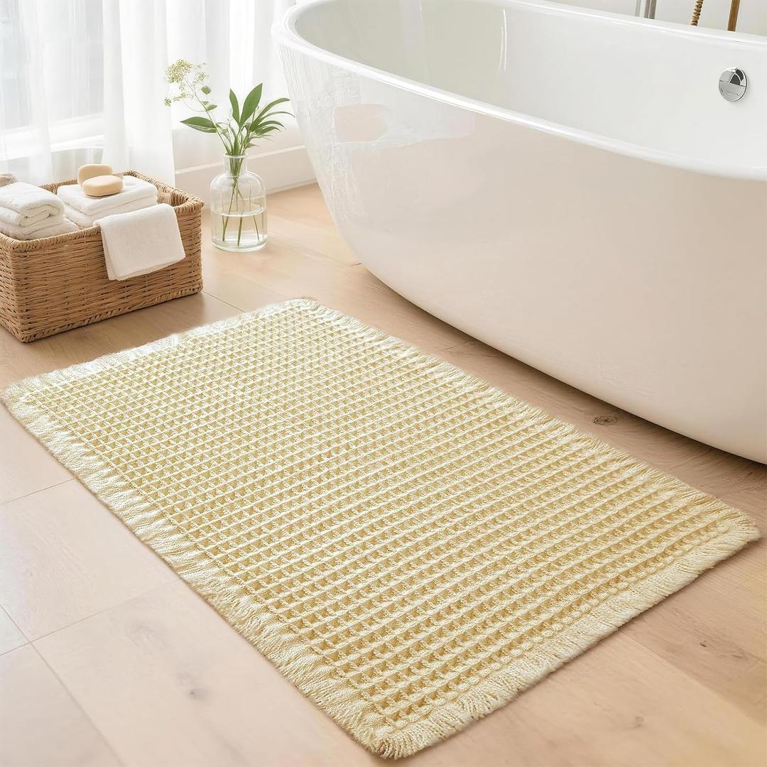 Waffle Bathroom Rugs, Super Absorbent Boho Bath Mats, Non-Slip Shower Mats for Bathroom Floor and Tub, Ultra Soft Waffle Weave Runner Mat, Quick Dry, Beige, 24x36 Inch