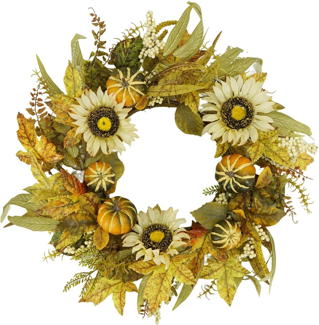 YNYLCHMX 18" Fall Wreaths for Front Door, Artificial Autumn Wreath with Sunflower Pumpkin and Berries for Home Porch Window Wall Farmhouse Decor, Indoor Outdoor, Holiday Decor