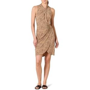Amazon Essentials Women's Sleeveless Crossover Twist Neck Faux Wrap Dress, Medium, Light Camel Leopard