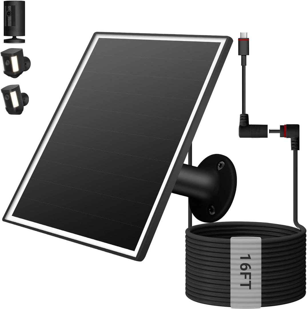 Solar Panel for Ring Camera, 6W Solar Charger with USB-C & Barrel Plug for Ring Stick Up Cam Pro/Plus & Spotlight Cam Battery Series, Waterproof, 16ft Cable (Black)