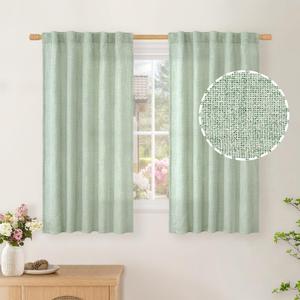 BGment Short Linen Curtains 40 Inch Length for Kitchen Window, Sage Green Textured Drapes Light Filtering Privacy with Rod Pocket Back Tab for Cafe Small Window, 2 Panels, 42 Inch Wide Each Panel