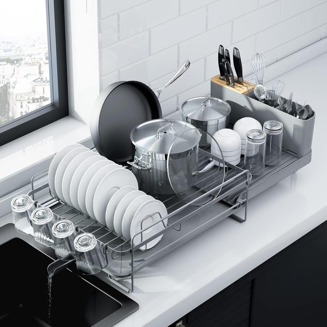 Kitsure Large Dish Drying Rack - Extendable Dish Rack, Multifunctional Dish Rack for Kitchen Counter, Anti-Rust Dish Drainers with Cutlery & Cup Holders 19.2"-26.7" L x 12.9" W, Grey