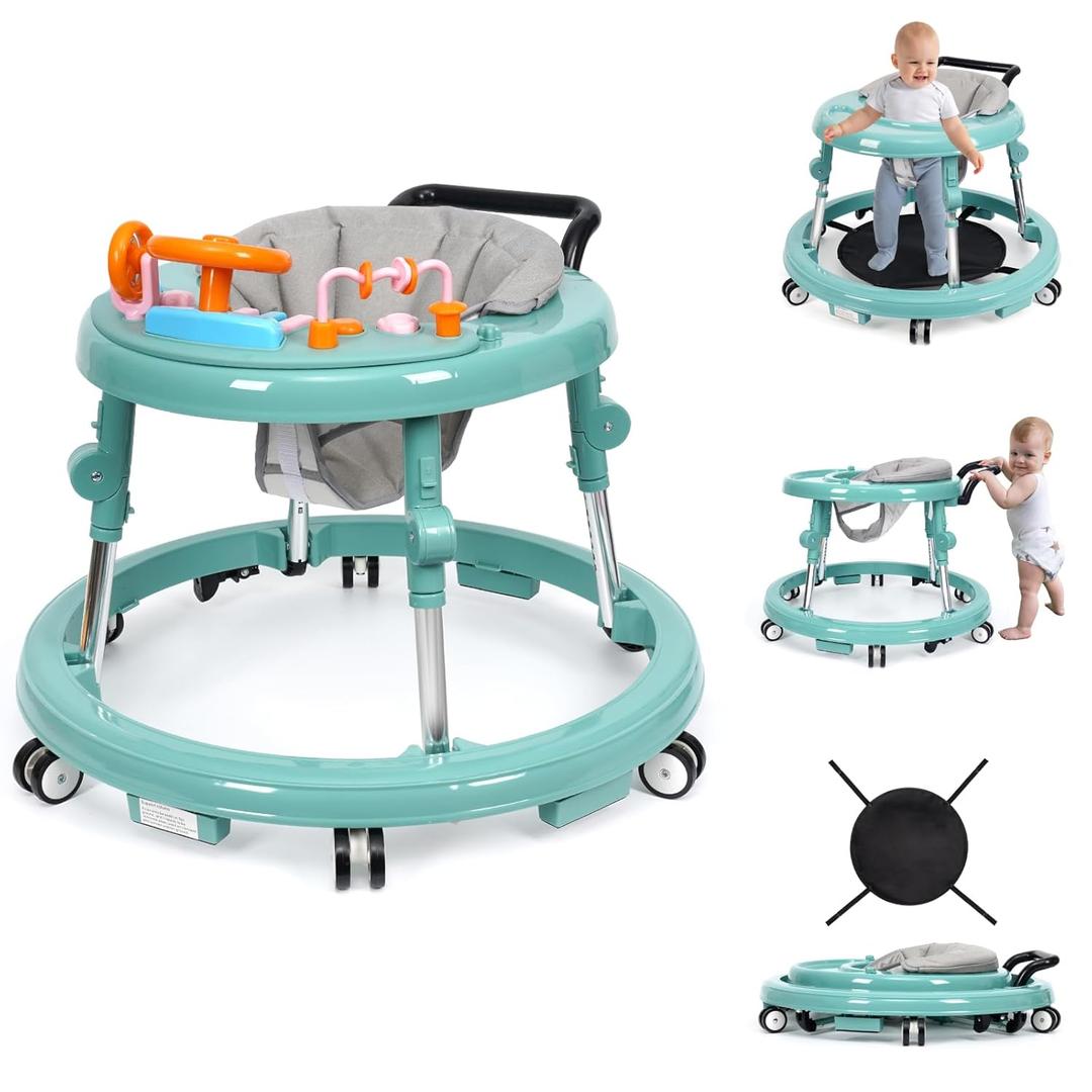 Music and Lights Baby Walker Foldable with 9 Adjustable Heights, Baby Walker with Wheels Portable, Infant Toddler Walker for Baby Boy Girls 6-18 Months (Green)