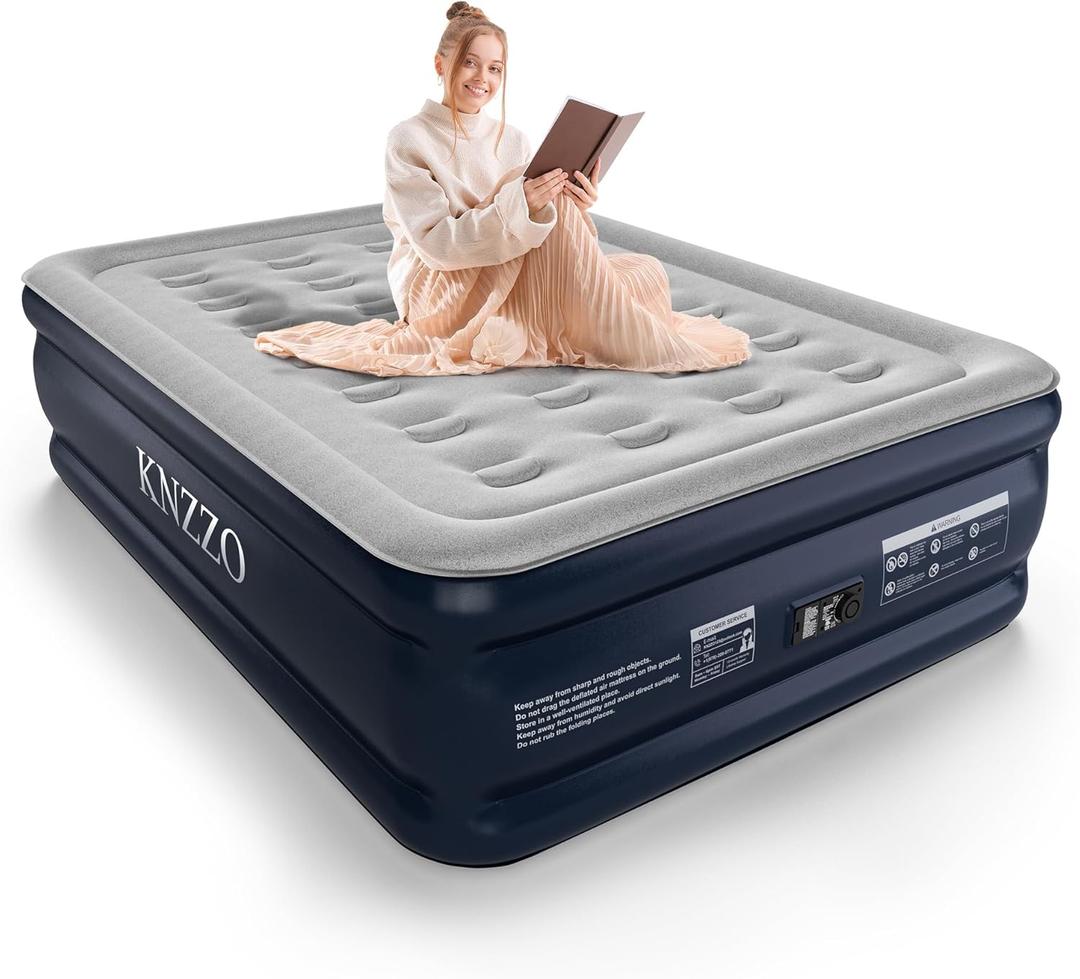 Full Air Mattress with Built-in Pump, 18" Top Inflatable Mattress with Waterproof Flocking Fabric, Three-Minute Quick-Inflatable Bed. Portable Blow Up Mattress for Home, Outdoor and Guests (Blue)