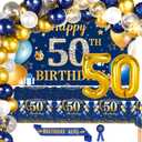 50th Birthday Decorations for Men  Blue and Gold Party Supplies with Backdrop, Balloon Arch, Tablecloth, Birthday King Sash, Pin, and Number 50 Foil Balloons for Birthday Party and Celebration