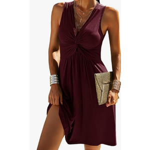 Veatzaer Women's V Neck Front Knotted Sleeveless Tank Dress Summer Solid Casual A Line Dress (Purple) Large