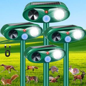 Upgraded Solar Deer Repellent Devices Ultrasonic Animal Repeller Outdoor with Motion Sensor & Flashing Light, Animal Deterrent Devices for Cat Squirrel Raccoon Dog Rabbit Skunk for Yard Garden, 4 Pack