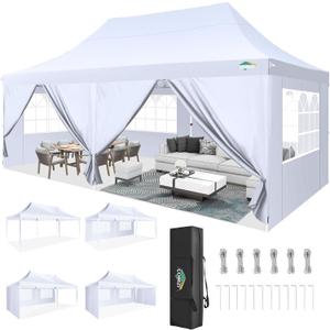 COBIZI 10x20 Pop Up Canopy with 6 Sidewall, Commercial Canopy UPF 50+ Waterproof Outdoor Gazebo with Carry Bag, Tents for Parties with Upgrade Frame, 3 Height Adjustable,White, 10x20 with 6 Sidewalls