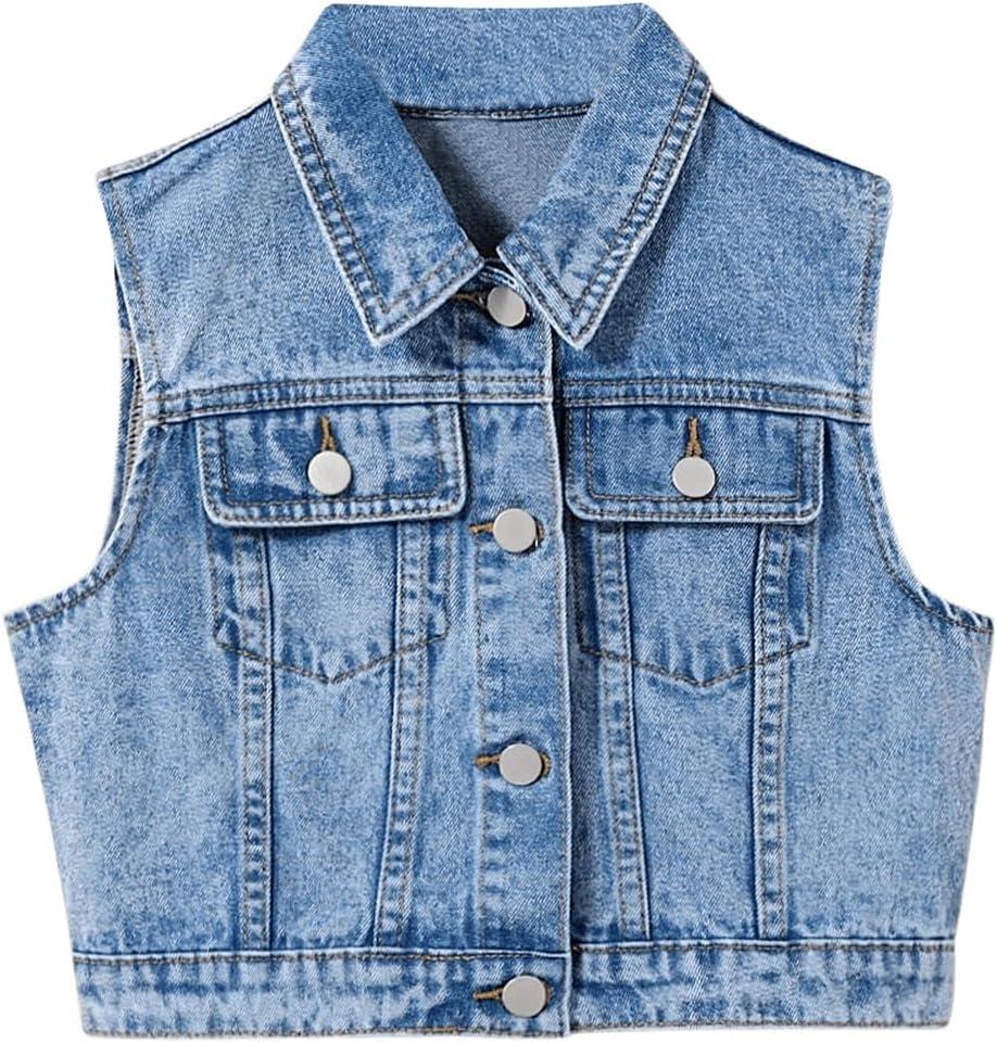 SweatyRocks Girl's Denim Vest Button Down Sleeveless Jean Jacket Outerwear with Pockets Light Wash, 9Y