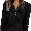MixShe Womens Henley Sweaters 2026 Fall Winter Ribbed Knit V Neck Button Pullover Long Sleeve Tops, L