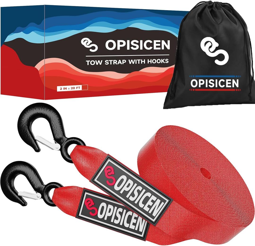 Tow Strap with Hooks 2 Inch x 20 Foot - 15,216 lbs Breaking Strength Emergency Heavy Duty Capacity Tow Rope Forged Steel Hooks for Car Truck Jeep ATV SUV, Roadside Recovery (Red, 2" x 20')