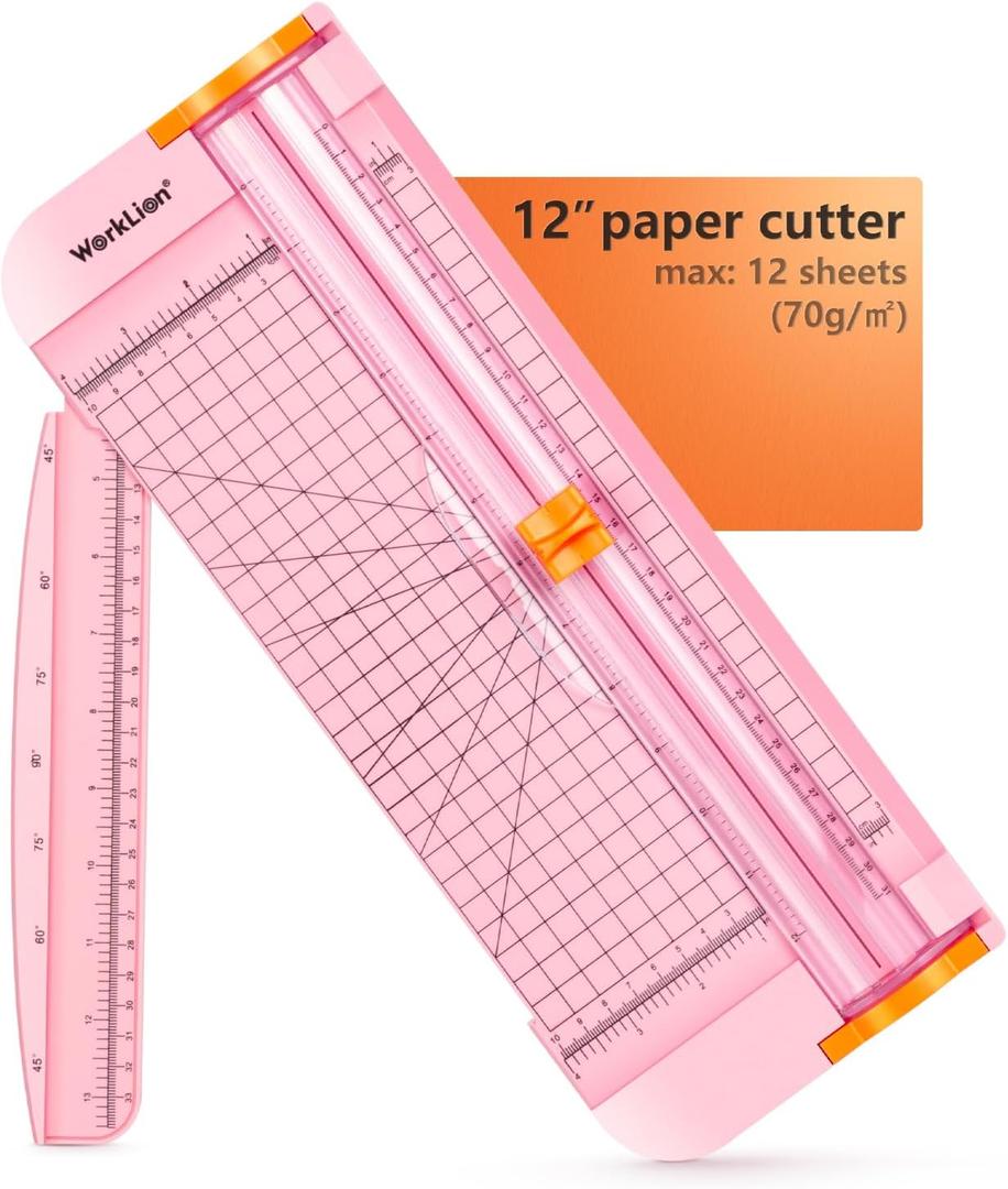 WORKLION Straight Paper Cutter For crafting  Pink 12 Inch Paper Trimmer With Security Safeguard and Side Ruler, Perfect for Cardstock, Coupon,Photos and Crafting Paper.