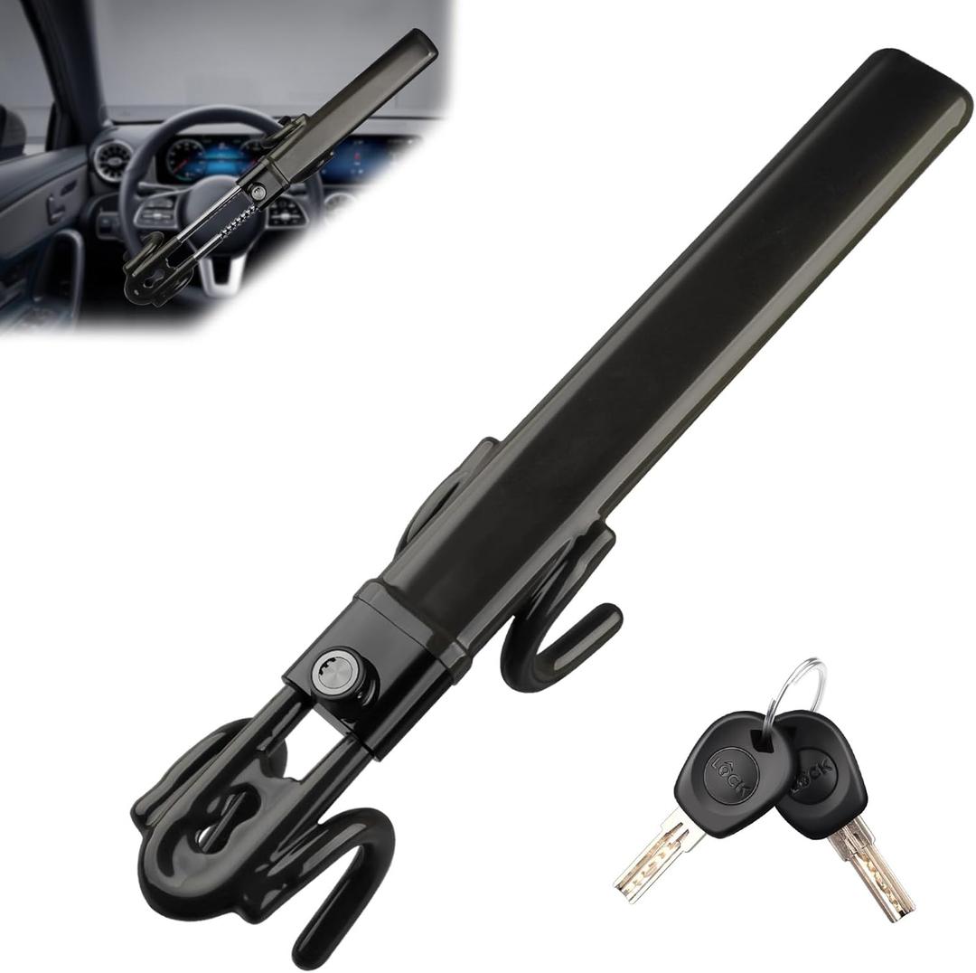 Steering Wheel Lock - Heavy Duty Anti-Theft Car Device with Double Hooks Design for Enhanced Vehicle Protection, Adjustable Length Locking with 2 Keys Universal Fit (Black)