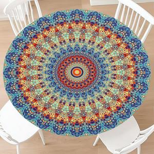 KSLIDS Round Fitted Tablecloth with Elastic Edge Mandala Blue Boho Picnic Table Cover Colorful Bohemian 70S Rustic Waterproof Wipeable Table Cloth Fit 40"-44" Tables for Outdoor,Patio,Camping,Dinner