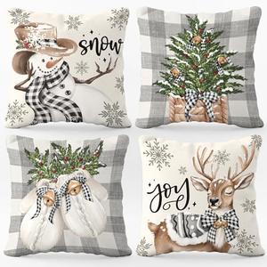 BoopZilla Set of 4 Christmas Pillow Covers 16x16 Inches, Winter Holiday Decorative Throw Pillow Covers, Cute Snowman-Reindeer-Mittens-Eucalyptus Design, Cozy Christmas Decor for Sofa Couch