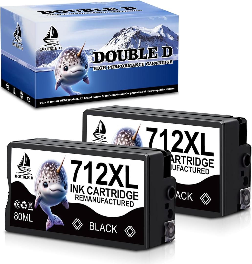 DOUBLE D 712XL Black Ink Cartridges Replacement for HP 712 712XL BK for DesignJet T650 T630 T230 T210 Studio Plotter Printer 3ED71A (2BK-80ML, 2 Pack)